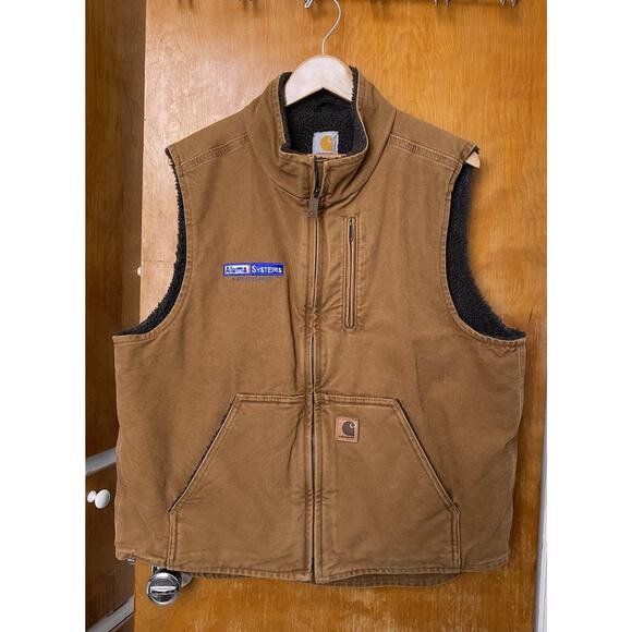 Carhartt Vest Brown Full Zip Sherpa Line Canvas Workwear V33 211 Sz L Corp Logo - Picture 1 of 8